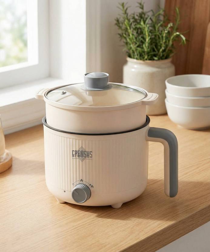 CPENSUS Mini multipurpose electric kettle with steamer 1.2L inner pot Non-stick hotpot Multi Cooker Electric Kettle (1.2 L, Cream)