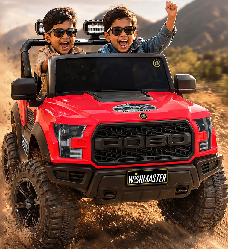 Wishmaster 4x4 Pobo Driving Car With Remote , Mobile App + Manual Drive Car | 2-8 Year Jeep Battery Operated Ride On(Red)