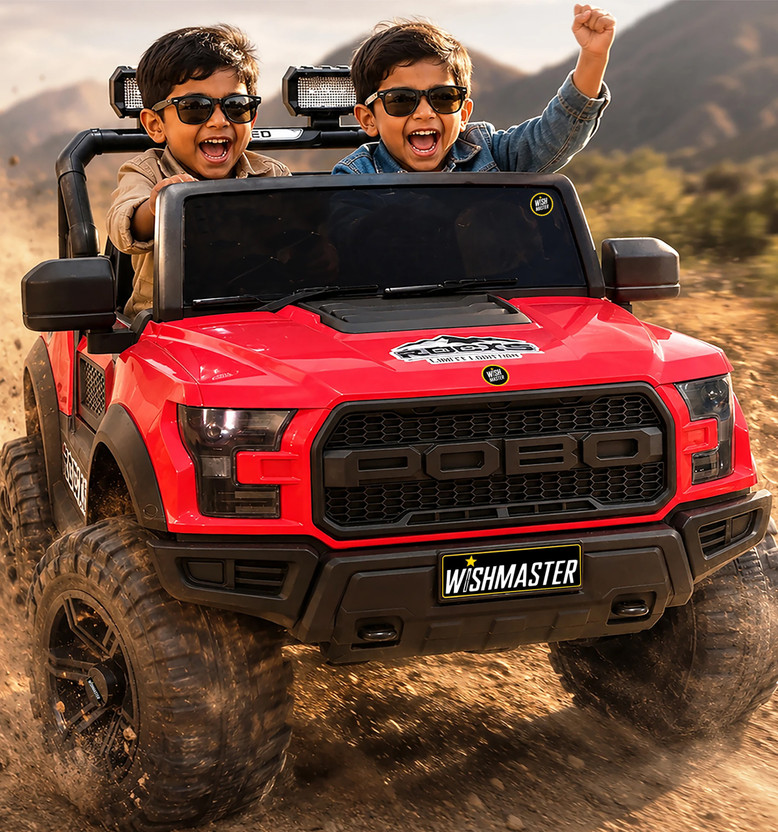 Wishmaster 4x4 Pobo Driving Car With Remote , Mobile App + Manual Drive Car | 2-8 Year Jeep Battery Operated Ride On(Red)