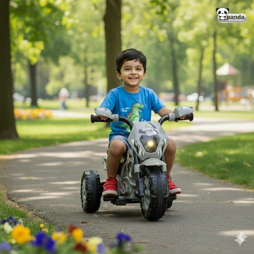 PANDA BABY PRODUCTS Kids Electric Ride-On Bike – 3-Wheel Battery-Powered Toy Bike with Headlight Bike Battery Operated Ride On(Silver)