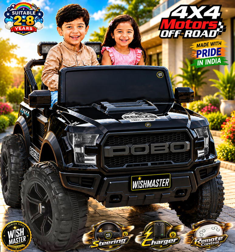 Wishmaster 4x4 Pobo Driving Car With Remote , Mobile App + Manual Drive Car Jeep Battery Operated Ride On(Black)