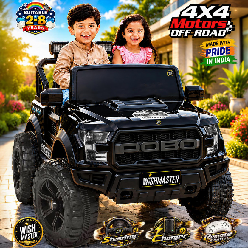 Wishmaster 4x4 Pobo Driving Car With Remote , Mobile App + Manual Drive Car Jeep Battery Operated Ride On(Black)