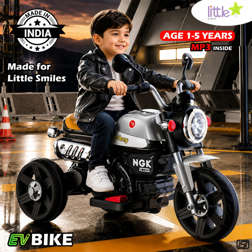 LITTLE LITTLE RIDES Battery Operated Bike for Kids with Foot Accelerator & Music with LED Light Bike Battery Operated Ride On(Silver) - Flipkart Deal