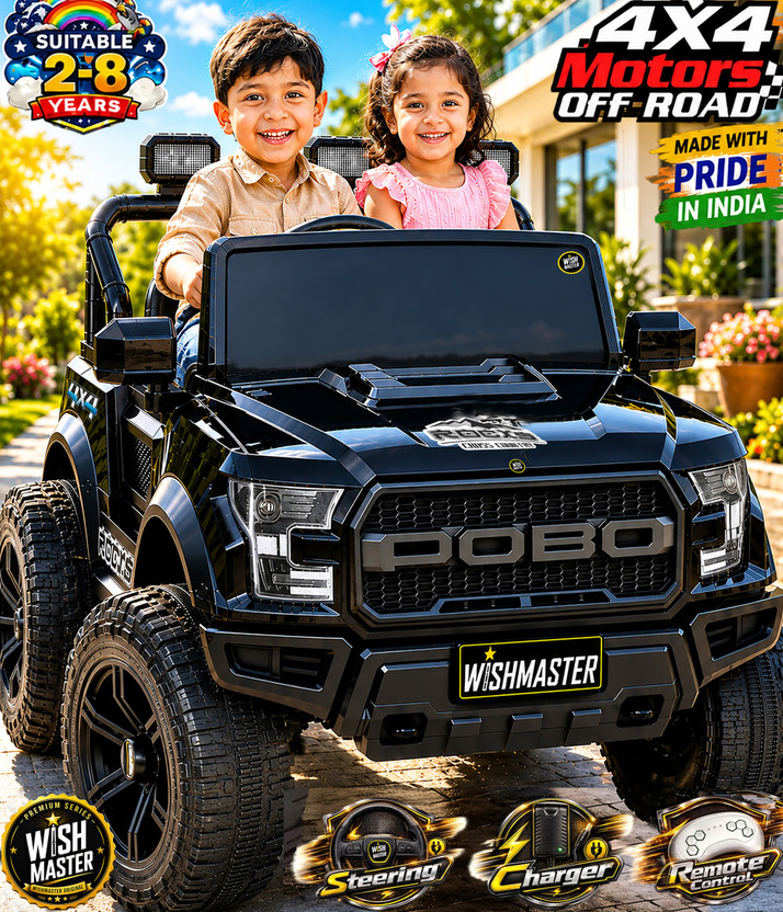Wishmaster 4x4 Pobo Driving Car With Remote , Mobile App + Manual Drive Car Jeep Battery Operated Ride On(Black)