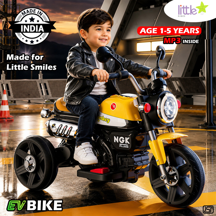 LITTLE LITTLE RIDES Battery Operated Bike for Kids with Foot Accelerator & Music with LED Light Bike Battery Operated Ride On(Yellow) - Flipkart Deal