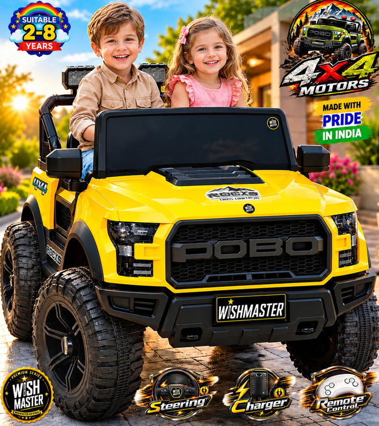 Wishmaster Pobo Kids Driving EV Car For 1-8 Years 4 Motor All Wheel Drive Jeep Battery Operated Ride On(Yellow)