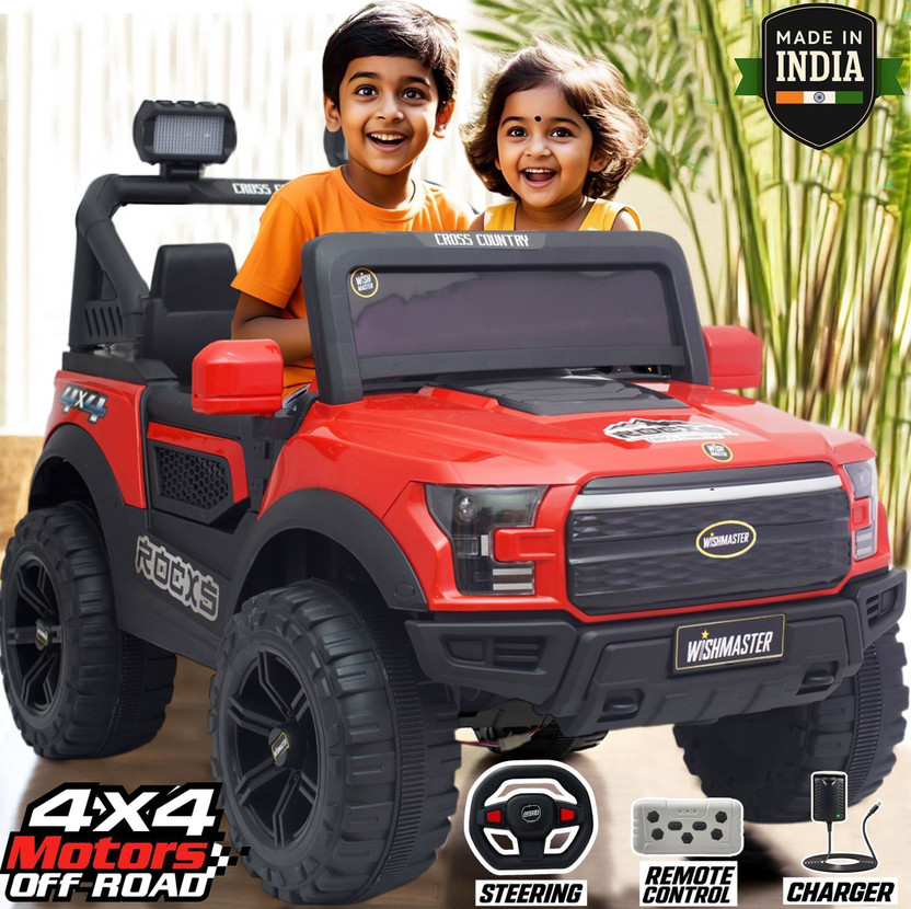 Wishmaster 4x4 Pobo Driving Car With Remote , Mobile App + Manual Drive Car | 2-8 Year Jeep Battery Operated Ride On(Red)