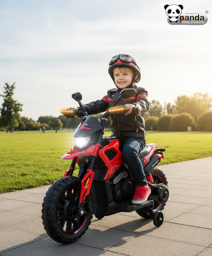 PANDA BABY PRODUCTS Electric Ride-On Bike for Kids – Sport Edition with LED Lights & Training Wheels Bike Battery Operated Ride On(Red)