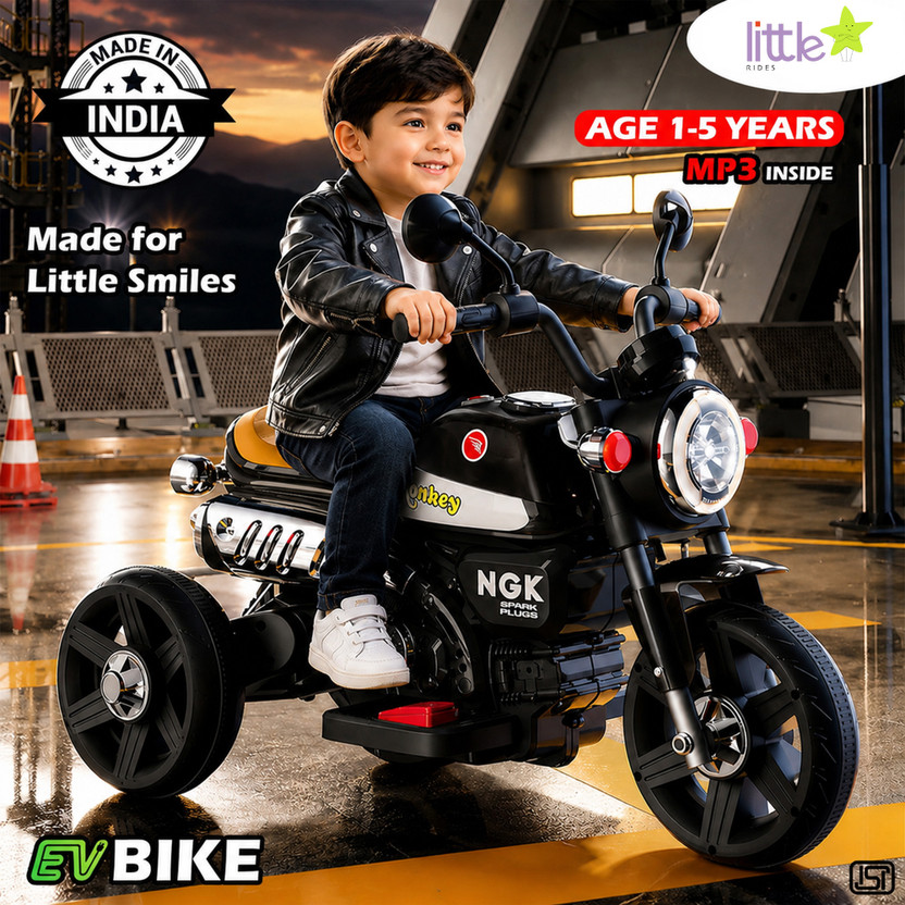 LITTLE LITTLE RIDES Battery Operated Bike for Kids with Foot Accelerator & Music with LED Light Bike Battery Operated Ride On(Black) - Flipkart Deal
