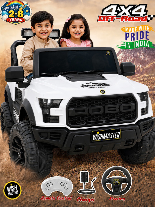 Wishmaster Kids Driving POBO 4x4 Car For 1-8 Years Manual Drive + Remote Control Big Jeep Battery Operated Ride On(White)
