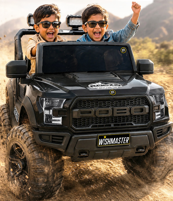 Wishmaster 4x4 Pobo Driving Car With Remote , Mobile App + Manual Drive Car Jeep Battery Operated Ride On(Black)