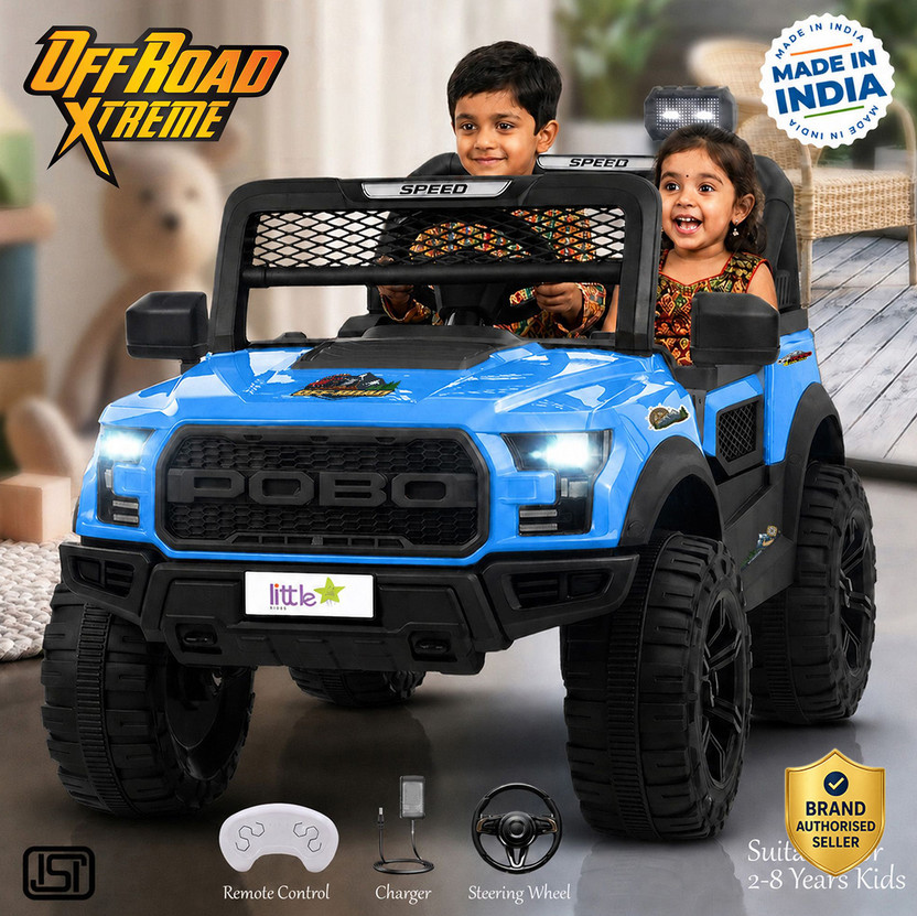 LITTLE RIDES Kids 4 Motor Electric Battery Car With Baby Driving + Parents Remote To Control Jeep Battery Operated Ride On(Blue)