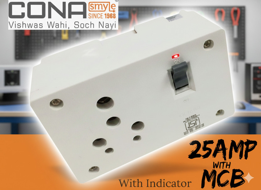 CONA 25A Polycarbonate MCB Switch Socket Combined Unit with Box 25 Amp.Combine With MCB ! With Indicator & Box MCB(1)