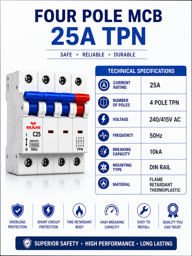 SHOPLYN SHOPLYN 25A Four Pole (TPN) Mahi Miniature Circuit Breaker | Heavy Duty Three Phase Circuit Protection 10kA DIN Rail Circuit Breaker Industrial Use MCB(4) - Flipkart Deal