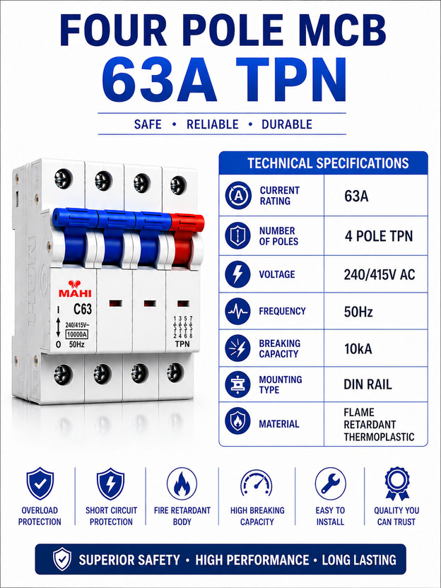 SHOPLYN 63A Four Pole (TPN) Mahi Miniature Circuit Breaker | Heavy Duty Three Phase Circuit Protection 10kA DIN Rail Circuit Breaker Industrial Use MCB(4)