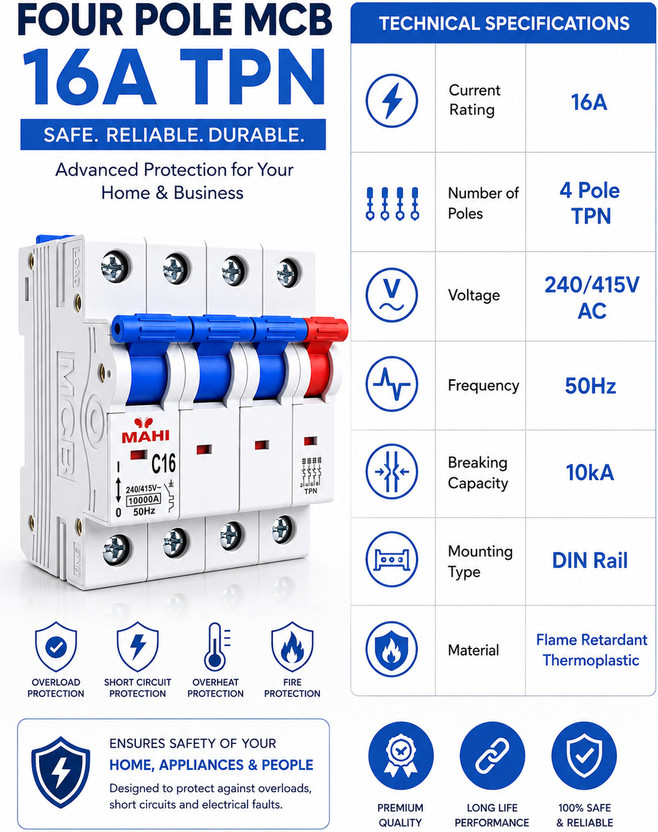 SHOPLYN 16A Four Pole (TPN) Mahi Miniature Circuit Breaker | Heavy Duty Three Phase Circuit Protection 10kA DIN Rail Circuit Breaker Industrial Use MCB(4)