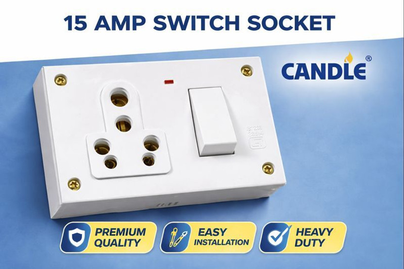 CANDLE Unbreakable 15amp. Switch+Socket+Indicator Combined Board With Box Pack of 1 15 A One Way Electrical Switch(Pack of 1 Number of Switches - 1)