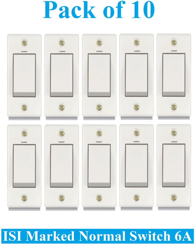 Sauran Pack of 10 Pieces 6amp ISI Marked Modular Switch White (ESP25.2) 6 A One Way Electrical Switch(Pack of 1 Number of Switches - 10)