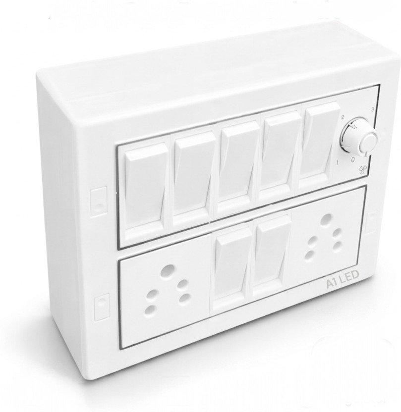 A1 LED 12M Switch Board 7 Switch 2 Socket Fan Regulator Wall Mount Panel 10 A One Way Electrical Switch(Pack of 1 Number of Switches - 7)