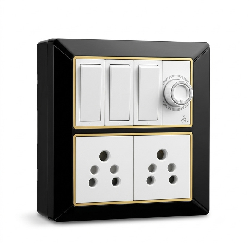 A1 LED 8 Module Black Switch Board | 2 Socket 1 Fan Regulator Golden Line 10 A One Way Electrical Switch(Pack of 1 Number of Switches - 3)
