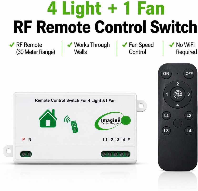 Imagine Technologies RF Remote Control Switch for 4 Light 1 Fan Regulator(Humming less Fan Speed ) 5 A One Way Electrical Switch(Pack of 1 Number of Switches - 5)