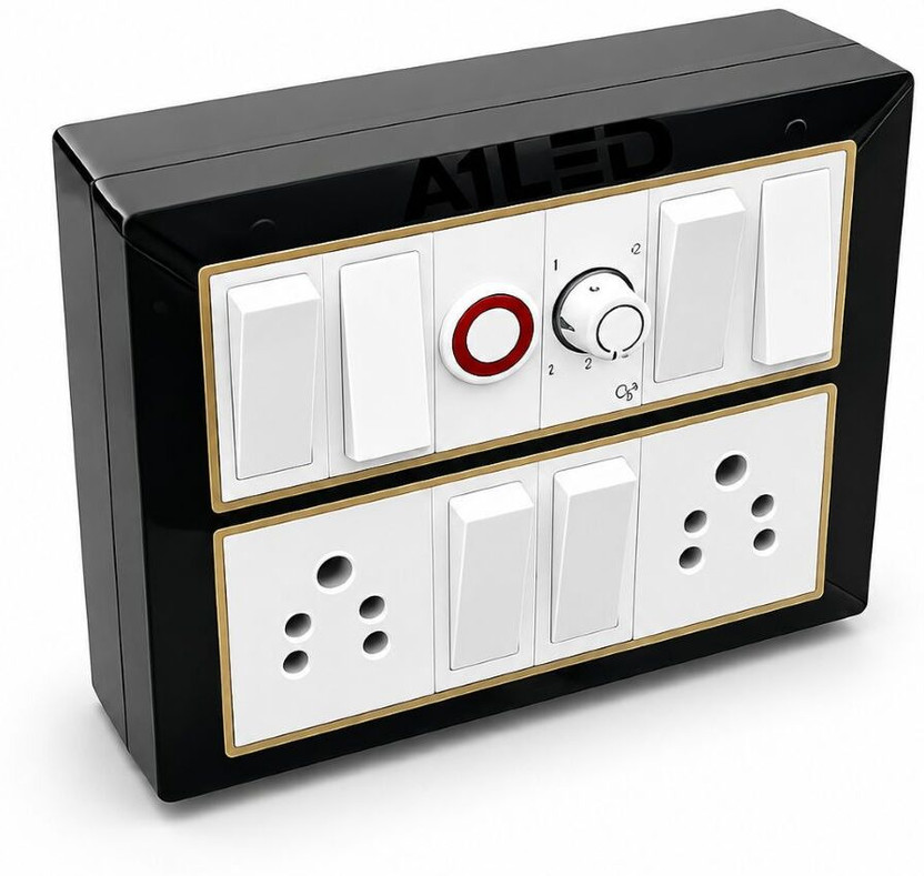 A1 LED 12 Modular Black Gold Switch Board 6 Switch 2 Socket Regulator Indicator 10 A One Way Electrical Switch(Pack of 1 Number of Switches - 6)