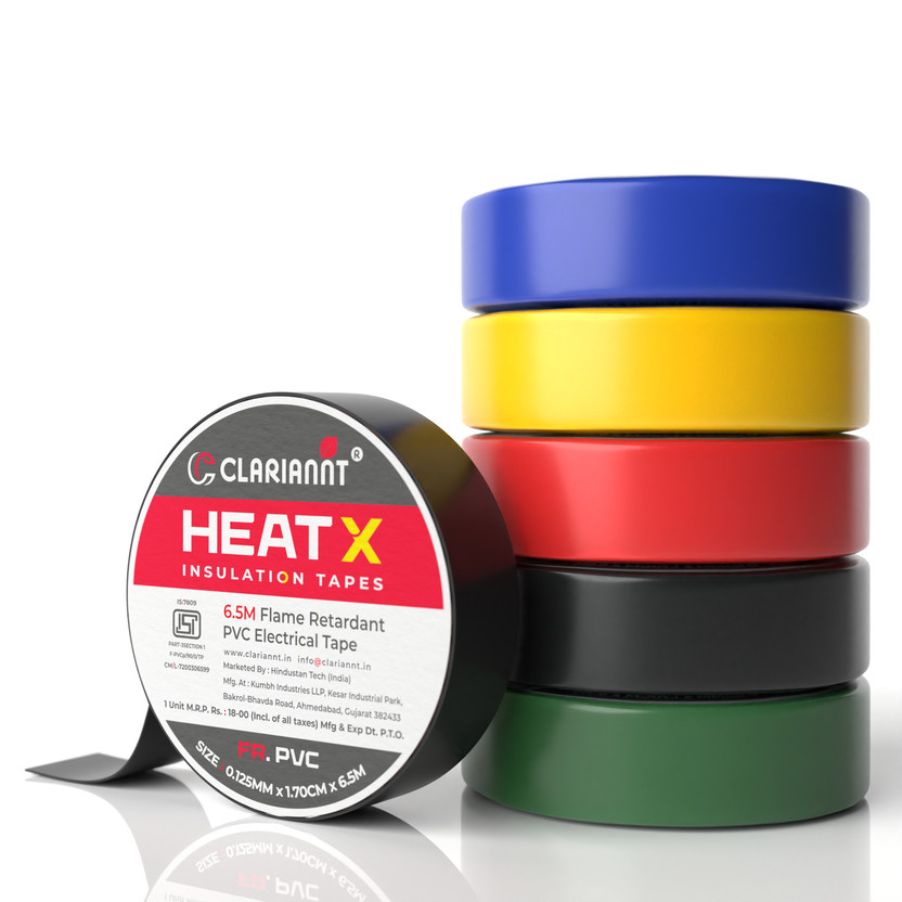 CLARIANNT PVC Tape HeatX PVC Insulation Tape 17mm x 6.5m, 5 Pcs, ISI Certified Fire Resistant(Black, Blue, Green, Yellow, Red)