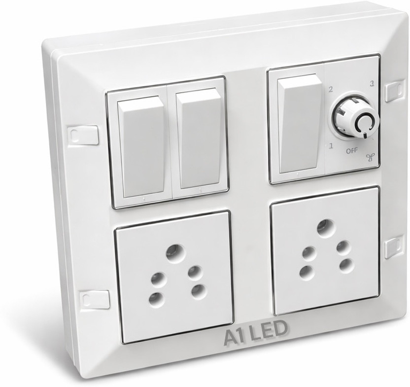 A1 LED 8 Module Modular Switch Board with Socket & Regulator Wall Mount Panel Wall Plate(Silver, White)
