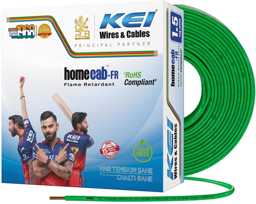KEI Homecab 1 Core Copper Flame PVC Insulated Cable Wire for Domestic & Industrial 1.5 sq/mm Green 90 m Wire(Green)