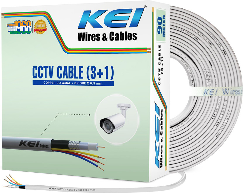 KEI CCTV Cable 3+1, 99.97% Pure Copper Conductor FR PVC Jelly Filled Co-Axial 0.9 sq/mm White 90 m Wire(White)