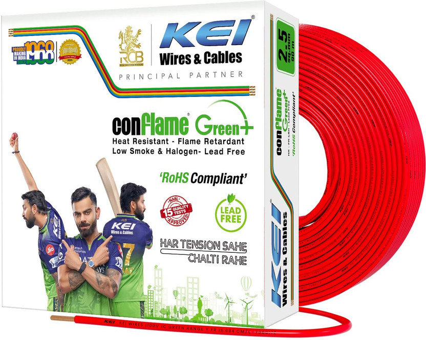 KEI CONFLAME GREEN PLUS 1 Core Copper Lead Free House Wire for Domestic & Industrial 2.5 sq/mm Red 90 m Wire(Red)
