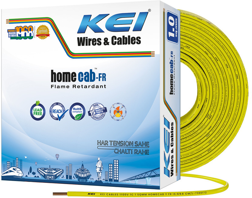 KEI Homecab 99.97% Pure Copper Conductor FR PVC Insulated 1 sq/mm Yellow 90 m Wire(Yellow)