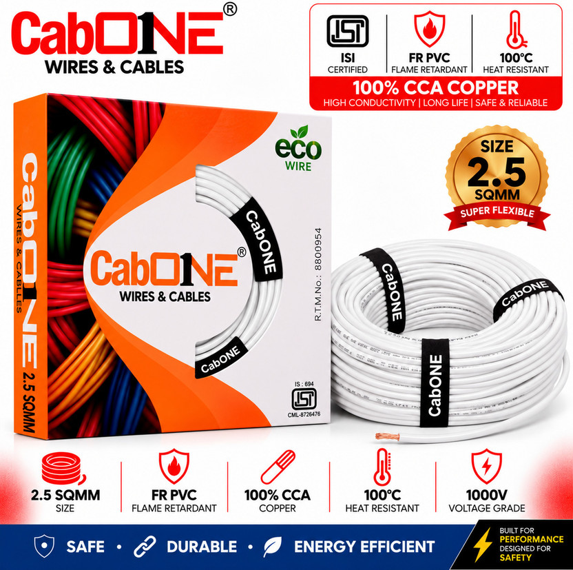 CabONE Lite 2.5 Sqmm Electrical Wire|90MTR|Single Core|Copper|FR PVC Insulation Cables 2.5 sq/mm White 300 ft. Wire(WHITE)
