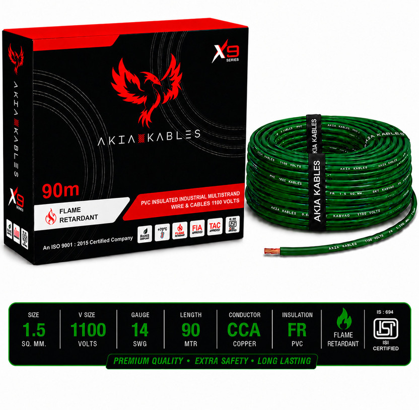 AKIA KABLES 1.5 sq/mm PVC Insulated CCA _90M Copper Wire, Single Core Industrial Wiring Cab 1.5 sq/mm Green 90 m Wire(Green)