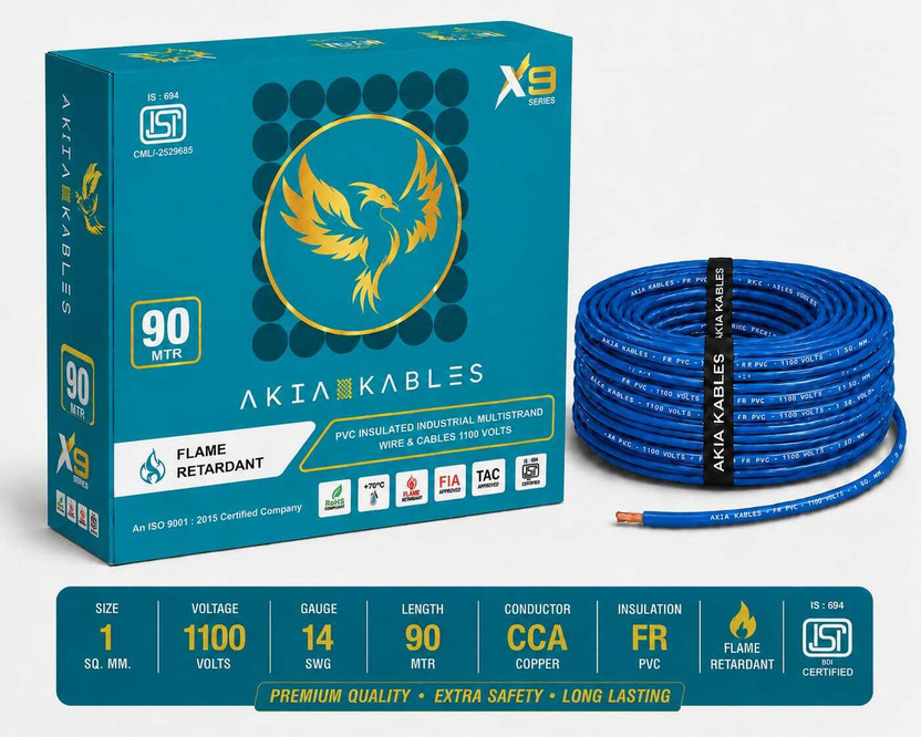 AKIA KABLES 1 SQMM HYBRID PREMIUM COPPER Electrical WireFR PVC |90m|Single Core| 1 sq/mm Blue 90 m Wire(Blue)