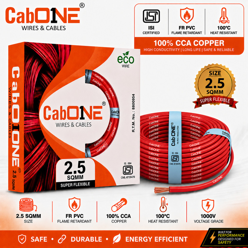 CabONE Lite 2.5 Sqmm Electrical Wire|90m|Single Core|Copper|FR PVC Insulation Domestic 2.5 sq/mm Red 300 ft. Wire(Red)