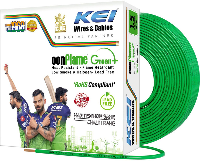 KEI CONFLAME GREEN PLUS 1 Core Copper Lead Free House Wire for Domestic & Industrial 1 sq/mm Green 90 m Wire(Green)