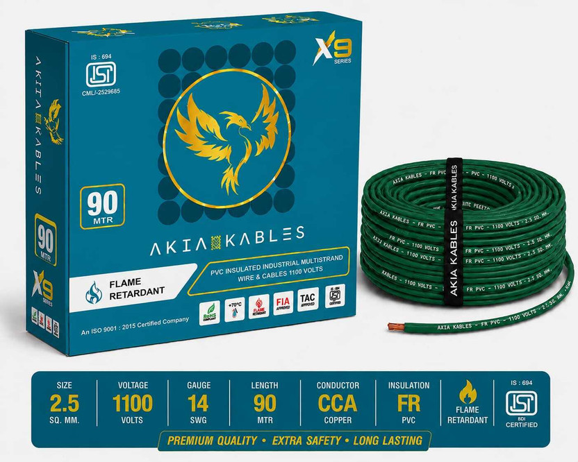 AKIA KABLES 4 sq/mm PVC Insulated CCA _90M Copper Wire, Single Core Industrial Wiring Cab 4 sq/mm Green 90 m Wire(Green)
