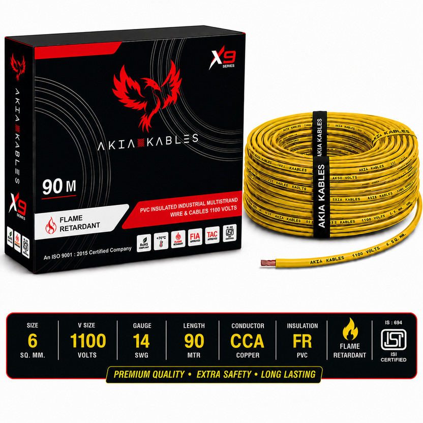 AKIA KABLES 6 sq/mm PVC Insulated CCA _90M Copper Wire, Single Core Industrial Wiring Cab 6 sq/mm Yellow 90 m Wire(Yellow)
