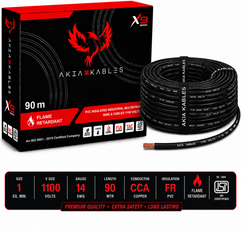 AKIA KABLES 1 sq/mm PVC Insulated CCA _90M Copper Wire, Single Core Industrial Wiring Cab 1 sq/mm Black 90 m Wire(Black)