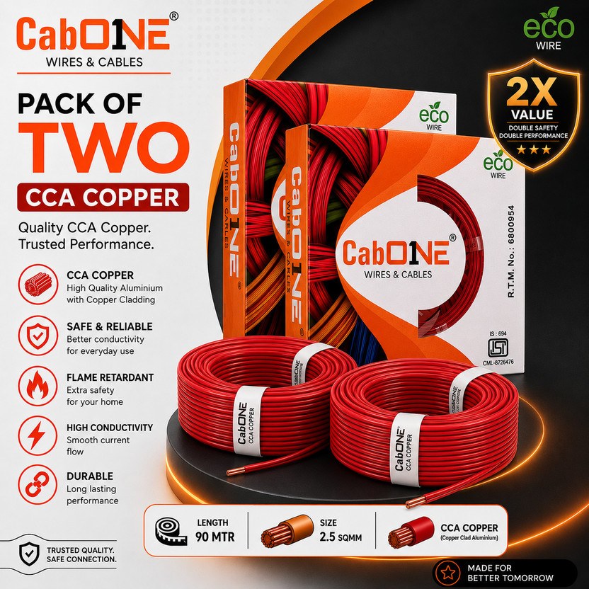CabONE COPPER 2.5 Sqmm 90 MTR FR PVC Multi Strand Electrical Wire Cable Pack of-2 2.5 sq/mm Red 300 ft. Wire(Red)
