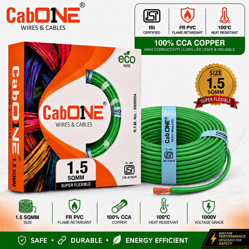 CabONE Lite 1.5 Sqmm Electrical Wire|90m|Single Core|Copper|FR PVC Insulation Domestic 1.5 sq/mm Green 300 ft. Wire(Green)