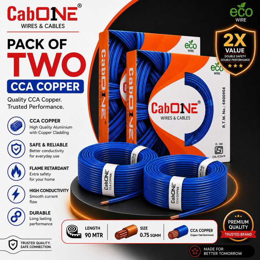 CabONE COPPER 0.75 Sqmm |90 MTR |FR PVC |Multi Strand Electrical Wire Cable Pack of-2 0.75 sq/mm Blue 300 ft. Wire(Blue)
