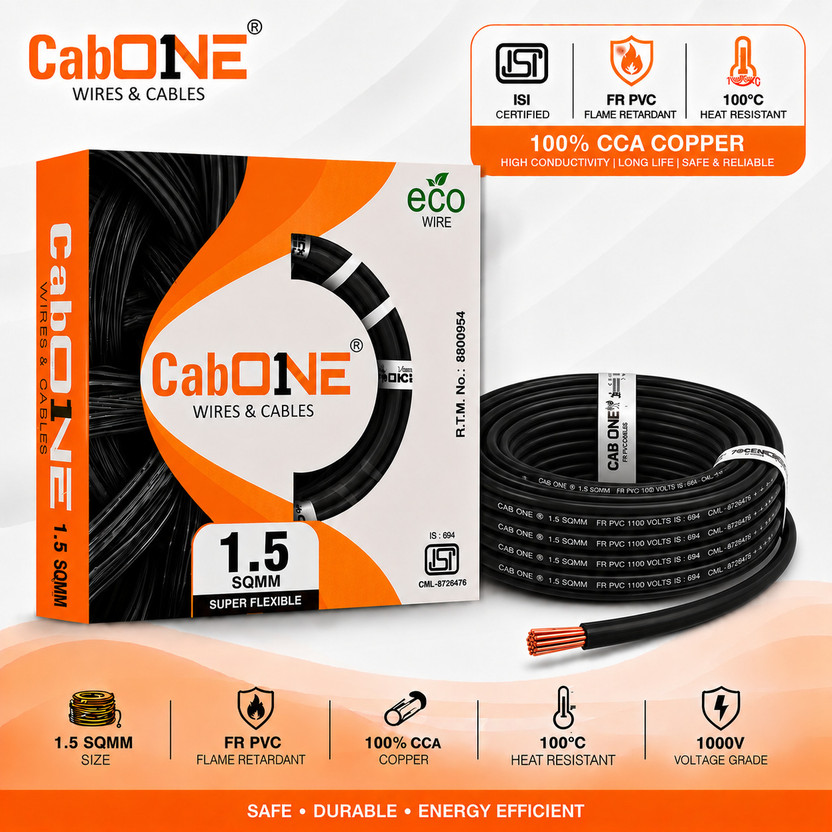 CabONE Lite 1.5 Sqmm Electrical Wire|90m|Single Core|Copper|FR PVC Insulation Domestic 1.5 sq/mm Black 300 ft. Wire(Black)