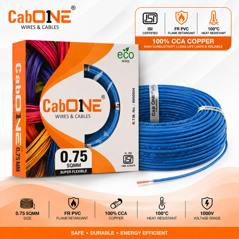 CabONE Lite 0.75 mm Electrical Wire|90m|Single Core|Copper|FR PVC Insulation Domestic 0.75 sq/mm Blue 300 ft. Wire(Blue)