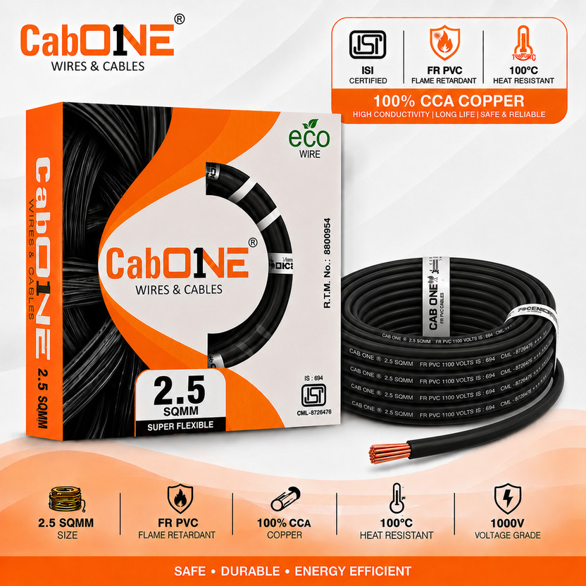 CabONE Lite 2.5 Sqmm CCA Copper Wire | 90m | Single Core | FR PVC Insulated | Domestic 2.5 sq/mm Black 300 ft. Wire(Black)