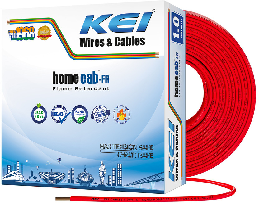 KEI Homecab 99.97% Pure Copper Conductor FR PVC Insulated 1 sq/mm Red 90 m Wire(Red)