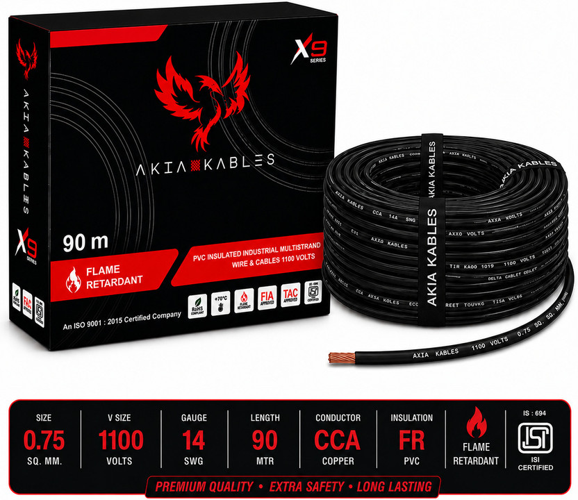AKIA KABLES 0.75 sq/mm PVC Insulated CCA _90M Copper Wire, Single Core Industrial Wiring Cab 0.75 sq/mm Black 90 m Wire(Black)
