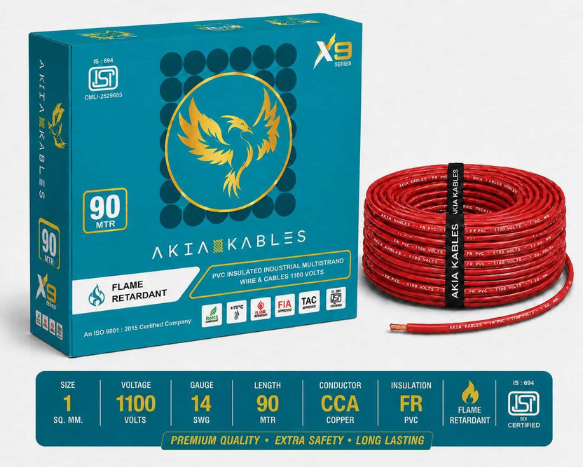 AKIA KABLES 1 SQMM HYBRID PREMIUM COPPER Electrical WireFR PVC |90m|Single Core| 1 sq/mm Red 90 m Wire(Red)