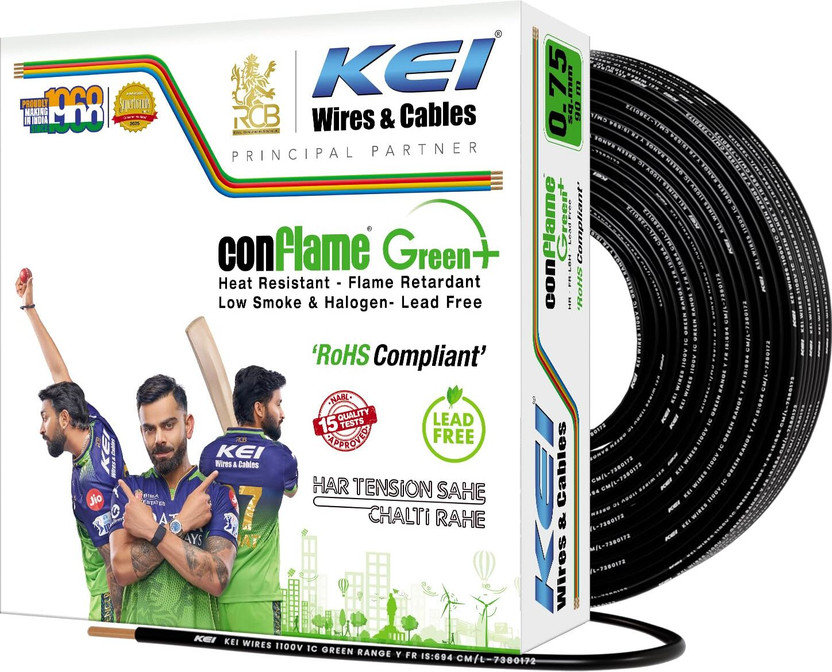 KEI CONFLAME GREEN PLUS 1 Core Copper Lead Free House Wire for Domestic & Industrial 0.75 sq/mm Black 90 m Wire(Black)